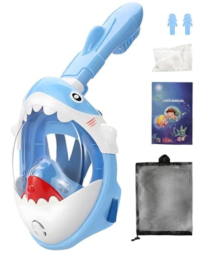 Zumhigh Kids Full Face Snorkel Mask, 180° Panoramic View Children's Snorkelling Mask with Dry Top System, Anti-Fog & Anti-Leak Shark Design for Swimming & Water Sports