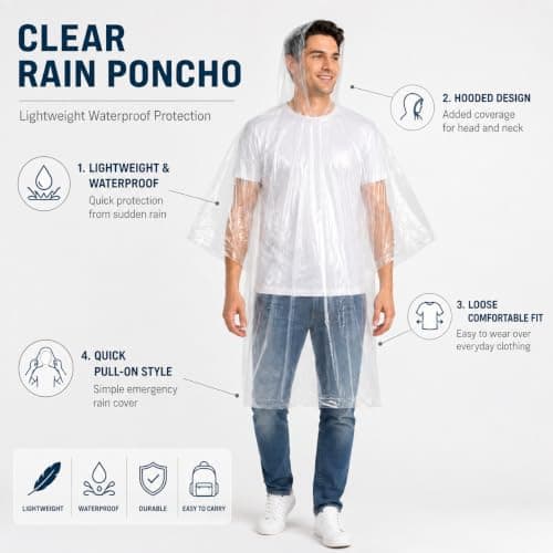IQONEQ 2 Pack Waterproof Rain Poncho, Adult Emergency Raincoat (UK, Alpha, One Size, Regular, Regular, Clear) — view 2