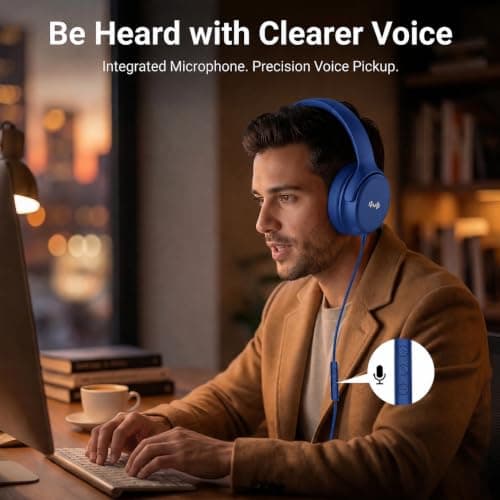 Zollexa Wired Over-Ear Headphones, Mic, 3.5mm, USB-C Adapter, Dark Blue — view 3