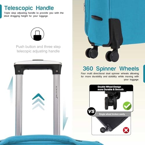 Aerostar Carry-on 20" Lightweight Soft Expandable Suitcase, Hand Luggage 4 Wheels & Combination Lock, 55x35x20cm | Accepted All Airlines easyjet, RyanAir, British Airways (Teal, 36 litres) — view 3