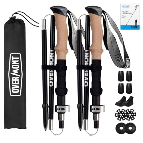 Overmont Hiking Poles Foldable Aluminium Ultralight - Adjustable 105-125 cm Trekking Poles - Nordic Walking Poles 1 Pair with All-Terrain Accessories Black