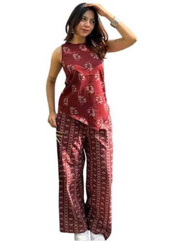 ONPEAK Women Printed Top and Bottom Set Casual Daily Wear Office Travel Stylish Outfit for Women, Maroon, L