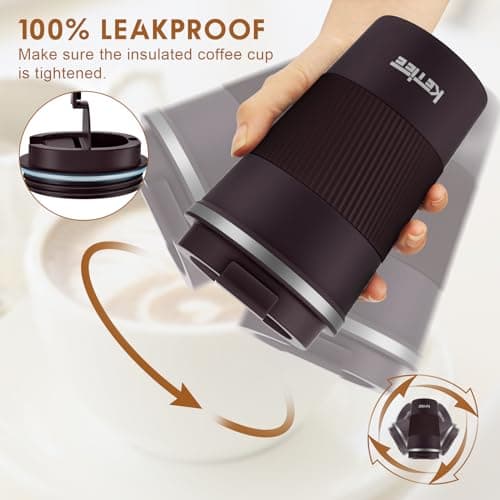 KETIEE Travel Mugs, 380ml Insulated Coffee Cup with Leakproof Lid - Double Walled Coffee Mug,Stainless Steel Thermal Mug for Hot Cold Drinks,Reusable Coffee Cups Travel Cups,Coffee Travel Mug-Brown — view 3