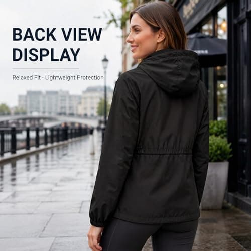 NWDEY Women's Lightweight Waterproof Jacket Ladies Packable Raincoat Hooded Windproof Rain Jacket Coat for Outdoor Travel (UK, Alpha, L, Regular, Regular, Black) — view 5