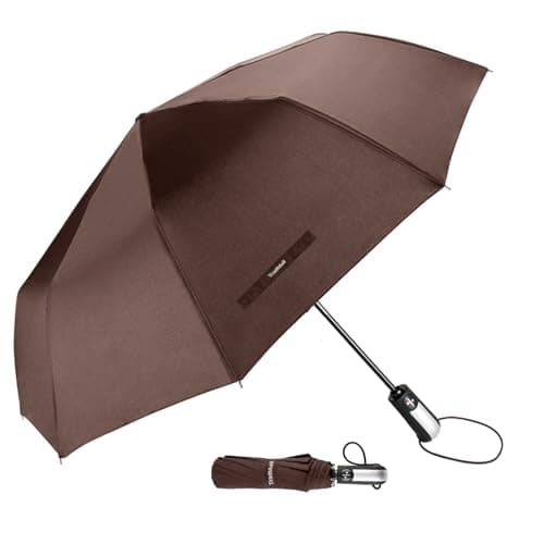 TradMall Travel Umbrella Windproof with 46/56 Inches Large Canopy 10 Reinforced Fiberglass Ribs Ergonomic Handle Auto Open & Close, Brown, 56 Inches