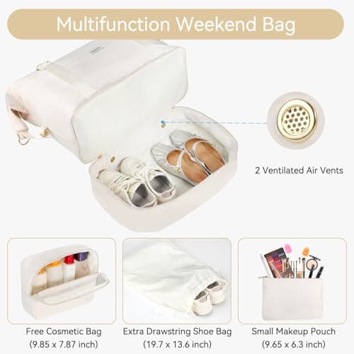 Voova Weekend Overnight Bag for Women, Large Travel Duffle Bag with Shoes Compartment, Carry On Tote Bag with Toiletry 、Cosmetic 、Shoes Bag 4 Pack Set for Ladies Gym, Hospital, Yoga, Beige — view 3