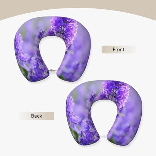 AUGUSTRUSH Memory Foam Neck Pillow - Travel Pillow With Adjustable Clasp, Removable Washable Cover For Airplane Office Car, Ergonomic Support Comfortable U-Shaped Pillow, Purple Lavender Flowers Print — view 2