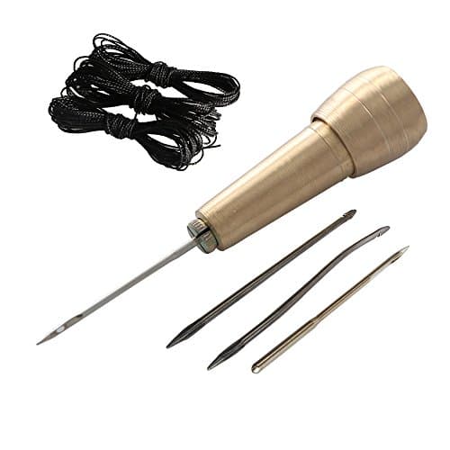 Co-link Copper Handle 4 Needles Sewing Awl Hand Stitcher Shoe Repair Tool Kit with 9m Nylon Cord Thread for DIY Sewing Repairing Canvas Leather (Gold +Black)
