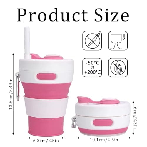 MOMAHUA 450ml/15oz Collapsible Coffee Cup with Lids,Pink Silicone Portable Water Cups,Reusable Coffee Mug,Foldable Camping Travel Cup Fits in Your Pocket,Folding Mug Collapses to 6cm — view 2