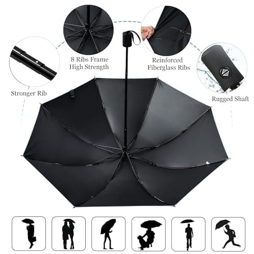 DDUP Travel Windproof Umbrella, Wind Resistant Compact Travel Folding Umbrellas, Auto Open Close Strong Wind Proof Rain Proof with 8 Strong Ribs golf umbrella for Men & Women (Black) — view 3