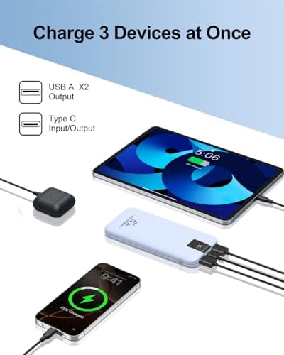 Odetrik Portable Charger 10000mAh 22.5W Power Bank, Fast Charging External Battery Pack with 3 Outputs & 2 Input, Type-C In/Out, LCD Display Slim Portable Phone Charger for Smartphone, Tablets (Blue) — view 3