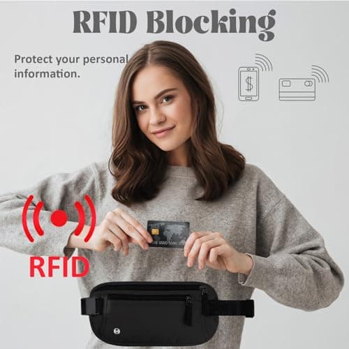 Money Belt for Travel Hidden Men Women, Ultra-Thin Money Pouch with RFID Blocking, Waterproof Waist Bag, Fanny Pack with Adjustable Strap, Bumbag for Passport, Cash, Documents, Phone (Black) — view 3