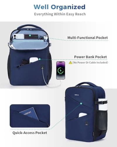 ECOHUB for Ryanair Cabin Bags 40x20x25, Recycled Underseat Travel Backpack Cabin Size Fit 14" Laptop, Water-resistant Anti-Theft Hand Luggage Backpack for Women & Men, Patented, 20L Navy Blue — view 4