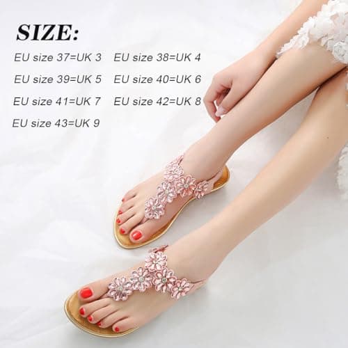 iCKER Women's Flat Sandals Ladies Thong Flat Sandals Bohemian Beaded Strap Sandals Diamante Rhinestone Leather Sandals, 4UK(label size 38), Gold — view 6
