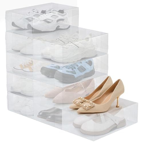 BREEZENEST Stackable Shoe Storage Boxes with Lids, Clear Plastic Boot & Shoe Boxes Organiser for Wardrobe Storage, Durable Closet Shoe Organiser System for Trainers, Boots (10PCS)