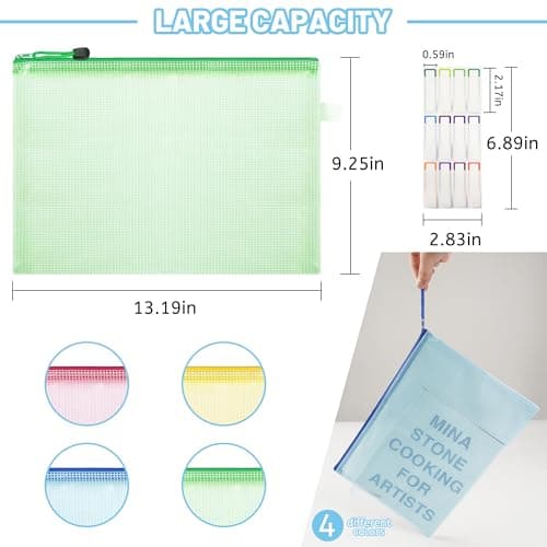 12Pcs Plastic Wallets with Labels, A4 Zip Lock Folders, Waterproof Mesh Document Bag for School Office Travel, Colorful Zipper Pouch Pocket for Bill Luggage Homework Jigsaw Storage — view 2