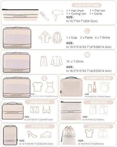 Ougrand 9 Set Packing Cubes Luggage Packing Organizers for Travel Accessories Space Saving Travel Bags for Carry On, Lightweight Mesh Zipper, Clothes, Shoes, Laundry and Shoe Bag, Suitcases (Cream) — view 4