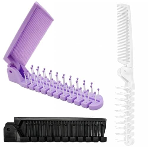 3 Pack Folding Hair Brush & Mini Comb – Compact Travel Hair Brush Set with Dual-Head Folding Design – Portable Pocket Comb for Men Women, Anti-Static Travel Hairbrush (Black, White & Purple)