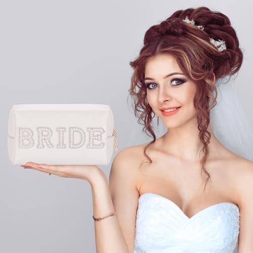 Etercycle Bride Letter Makeup Bag, Bridal Shower Gifts Bling Pearl Rhinestone Patch Cosmetic Bag, Waterproof PU Travel Toiletry Bag for Bachelorette Party Wedding Bridal (Bride) — view 4