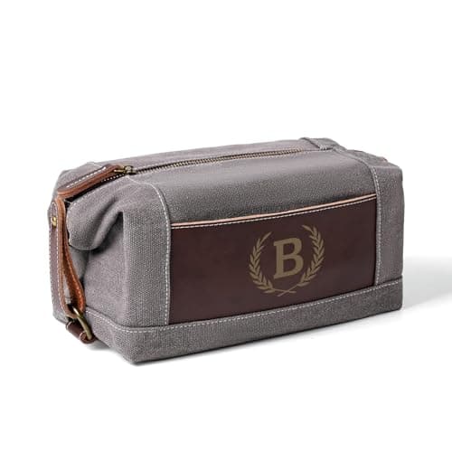 Aganmi Personalized Travel Toiletry Bag Canvas Leather Splicing Dopp Kit, Custom Laser Engraved Initials for Men Husband Father Graduation Groomsmen Gift, Shaving Organizer Pouch B