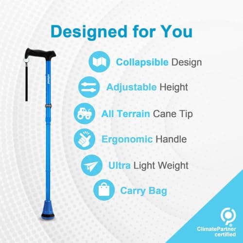 Rehand All Terrain Folding Walking Stick, Walking Sticks for Women & Men, Pivot Tip and Heavy Duty Mobility Aid, Adjustable Walking Stick for Elderly & Ladies (Blue) — view 2