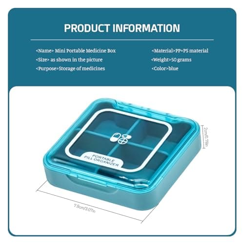 PAITOK Small Pill Case,Portable Pill Box BPA Free Travel Pill Organiser Moistureproof Tablet Box Cute Pocket Pill Box with 4 Large Compartmensts for Medication, Vitamin, Supplement(Blue) — view 2