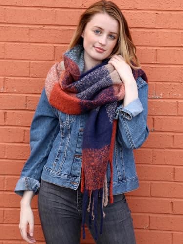 Style Slice Oversized Tartan Blanket Scarf, Navy Blue Orange — view 4
