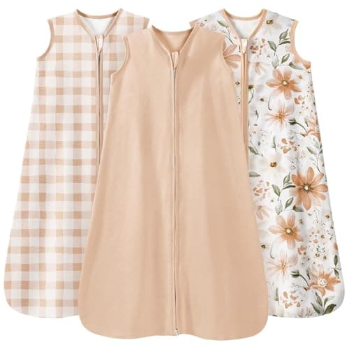 Unnivoll Baby Sleeping Bag 0.5 Tog 6-12 Months Summer Sleep Sack 3 Pack 100% Cotton Baby Sleep Bag Wearable Blanket for Newborn Infant Brown Checkered Floral