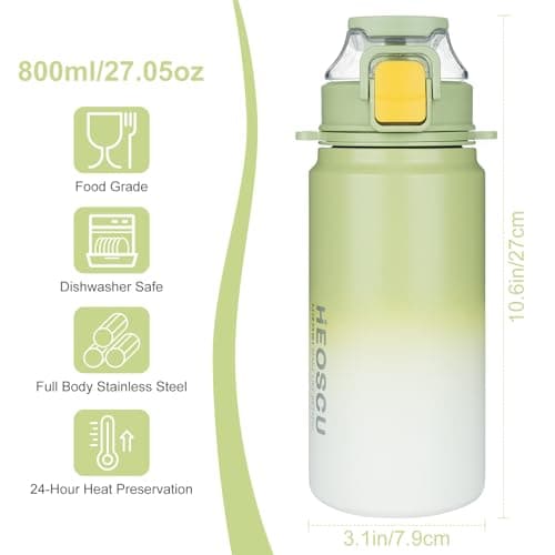 HUAXITRA Insulated Water Bottle Stainless Steel Sports Water Bottles with Straw, Double Wall Leakproof Thermal Flask with Handle for Cold and Hot Drink, Travel, Sports, Gym (Green, 800 ml) — view 2