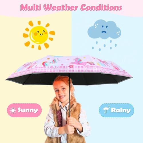 Kids Folding Umbrella, Windproof Automatic Travel Umbrella for Girls Pink — view 2