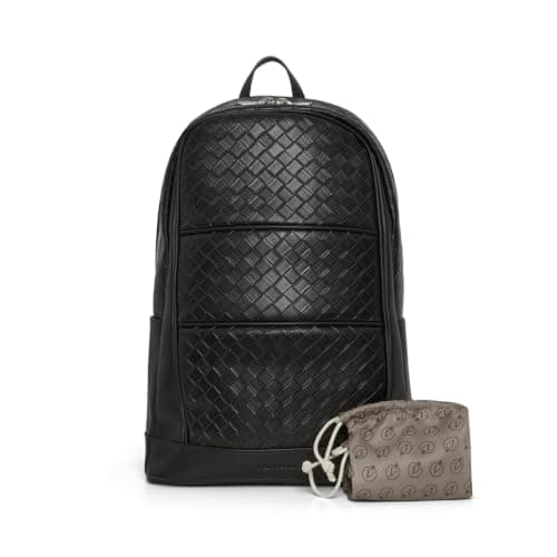 Vera Losso Laptop Backpack Premium Luxury Vegan Leather Half Woven Business Backpack, Travel & Work Rucksack with Silver Hardware, Black, 30 x 46 x 14 cm — view 2