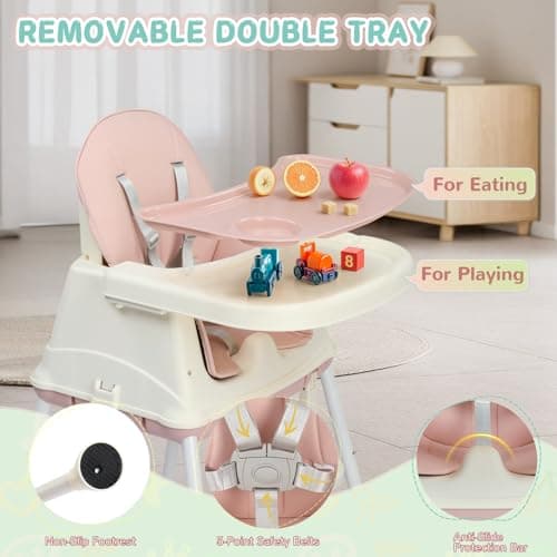 LALAHO 3-in-1 Baby High Chair W/ 5-Point Harness and Locking Wheels, Pink — view 4
