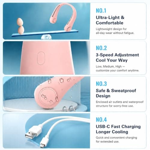 Neck Fan 230g Lightweight Bladeless USB Rechargeable 3 Speeds (Pink) — view 5