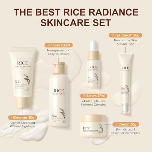 5PCS Rice Skin Care Sets & Kits, Korean Skincare Set- Cleanser, Toner, Serum, Eye Cream & Moisturizer, Christmas Birthday Gifts for Women Teenage Girls Mom Friend, Travel Skincare Set — view 4