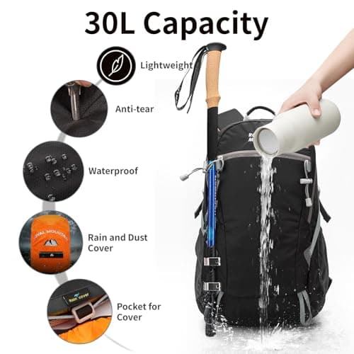 Lightweight Hiking Backpack, 30L Women/Men Waterproof Travel Rucksack Bag with Rain Cover, Outdoor Small Foldable Daypack for Student, Fit for 15.6 inch Laptop (Black, 30L) — view 3