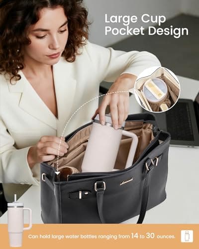 LOVEVOOK Laptop Handbags for Women, 15.6 Inch Tote Bags Large Ladies Work Bags with Compartments, PU Leather Shoulder Hand Bags with Large Cup Holder for for Work/College/Travel, Black — view 3