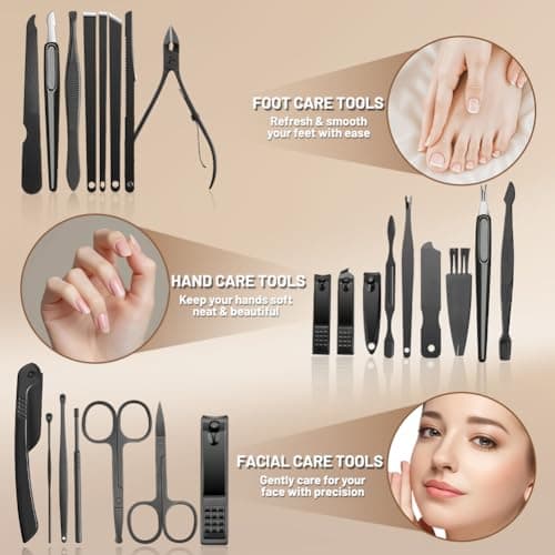 Flintronic Manicure Set, 24 PCS Manicure Pedicure Set, Professional Nail Clippers Kit with Leather Storage Case, Nail Care Tools for Men Women(Black and Silver) — view 4