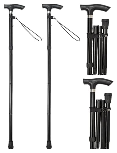 2 x Folding Walking Sticks for Men and Women – Adjustable Height 82cm to 92cm – Lightweight Collapsible Aluminium Cane – Travel Friendly Walking Stick with Non-Slip Feet & Ergonomic Handle – Black