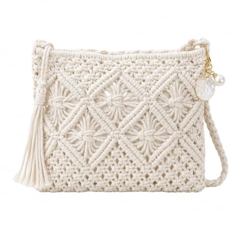 Voskilon Straw Bags for Women, White Cotton Woven Crochet Bag with Metal Shell Keychain, Small Boho Crossbody Handbag for Summer Beach Holiday, Travel, Shopping, Music Festivals, Dates and Daily Use