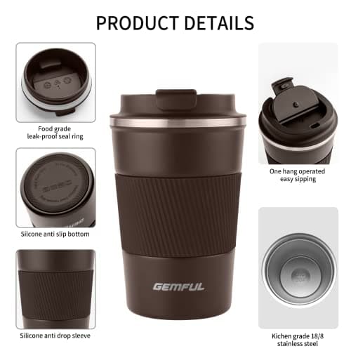 GEMFUL 380ml Insulated Travel Coffee Mug Stainless Steel Leak-Proof Cup — view 5