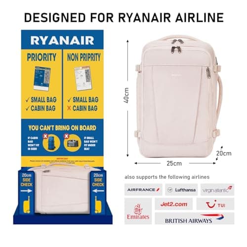 ECOHUB 20L Max Ryanair Cabin Bag 40x20x25 Underseat Backpack Carry on Bag Hand Luggage Backpack with USB Port Recycled PET Eco Friendly Rucksack for Women & Men, Beige (Patented) — view 2