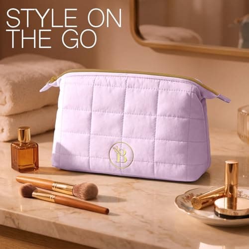 Quilted Pink Makeup Bag for Women, Travel Toiletry Bag with Wide-Open Top & Zipper Pouch, Travel Makeup Case Organizer with Internal Pockets, Puffy Cosmetic Pouch for Everyday Essentials — view 3