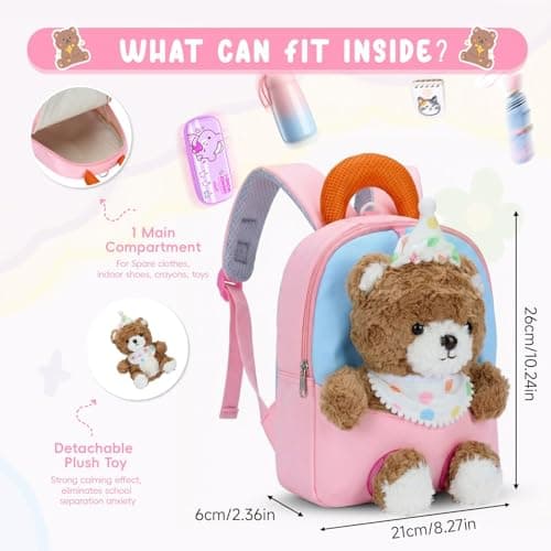 PROTAURI 1-4 Years Girls' Backpack, Nursery Backpack with Removable Plush Toy, Nursery Bag with Chest Strap, Perfect for Kindergarten, Travel Gifts, Plush Bear Design — view 6