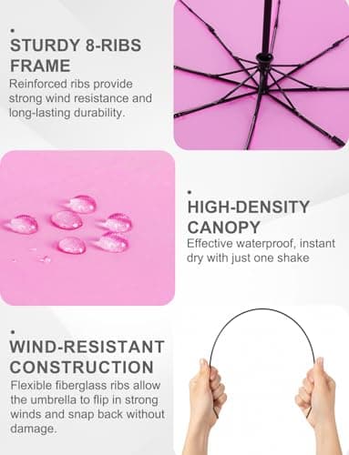 SoulRain Compact Windproof Travel Umbrella - Small, Mini Folding Parasol Kring Buckle. for Backpacks and Cars, Offering Sun & UV Protection(Pink) — view 3