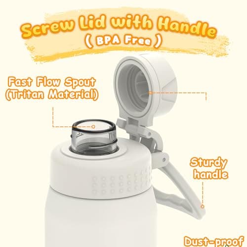 GOPPUS 420ml/15oz Kids Insulated Water Bottle with Screw Lid (No Straw) Stainless Steel Toddler Bottle School Flask Girls Boys Drinks Cup with Handle & Leakproof & Keep Drinks Cold (Beige) — view 3
