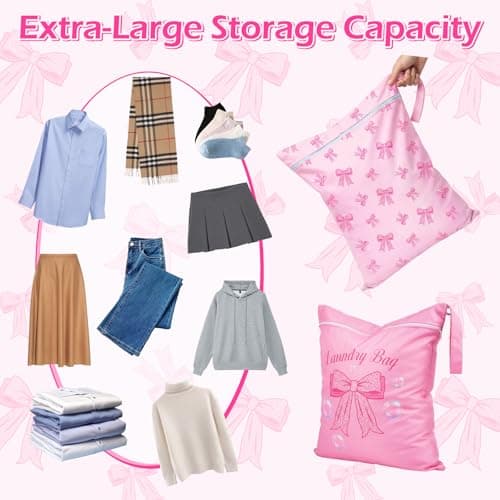 2PC Travel Laundry Bags, 55X45CM Large Waterproof Laundry Bags with Side Handles & Zippers, Dirty Clothes Organiser for Travel & Home Use (Pink Bows on Pink Background) — view 6
