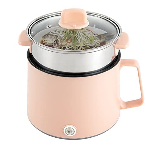 1.7L Electric Hot Pot 220V Portable Mini Cooker with Steamer & 300W/600W Dual Power Multi-functional Portable Electric Pot for Home, Travel & Camping (Pink)