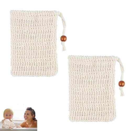 2 Pcs Cotton Linen Soap Bag with Drawstring, Exfoliating Mesh Bar Soap Bag for Shower Bath