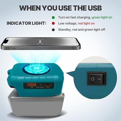 Wireless Phone Charger for Ma-kita 18V Battery,Battery Adapter with USB and Type-C Output, for Camping Travel,Outdoor Working (Wireless Charger for Ma-Kita 18V) — view 3