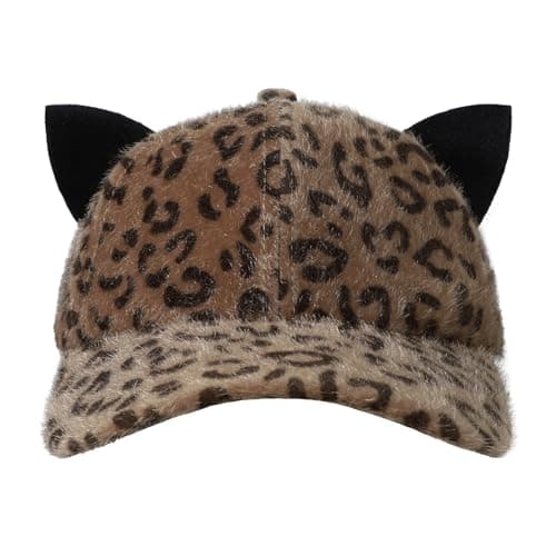 JNGUOSICN Women Winter Baseball Cap Leopard Print Hat with Ears Faux Fur Thermal Baseball Cap Plush Sport Causal Caps Winter Warm Visor Hat for Outdoor Travel Brown — view 2